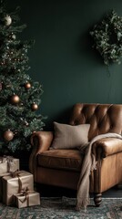 Cozy Holiday Setting With Decorated Tree and Vintage Leather Chair