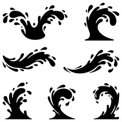 Set of black silhouettes of splashes and waves in abstract shapes representing water, liquid motion and fluid dynamics, isolated on white background. Vector illustration