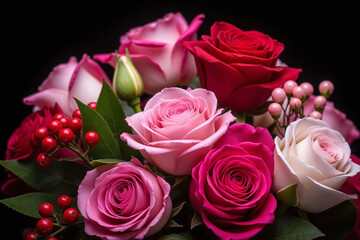 bunch of pink and red flowers on a black background