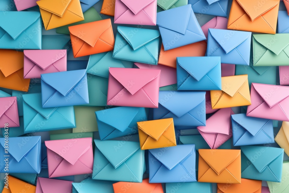 Poster colorful envelopes scattered across a vibrant surface create a lively visual display