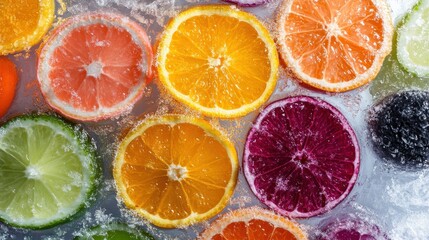 Background of beautiful fruit slices on frozen surface. Generative AI illustration