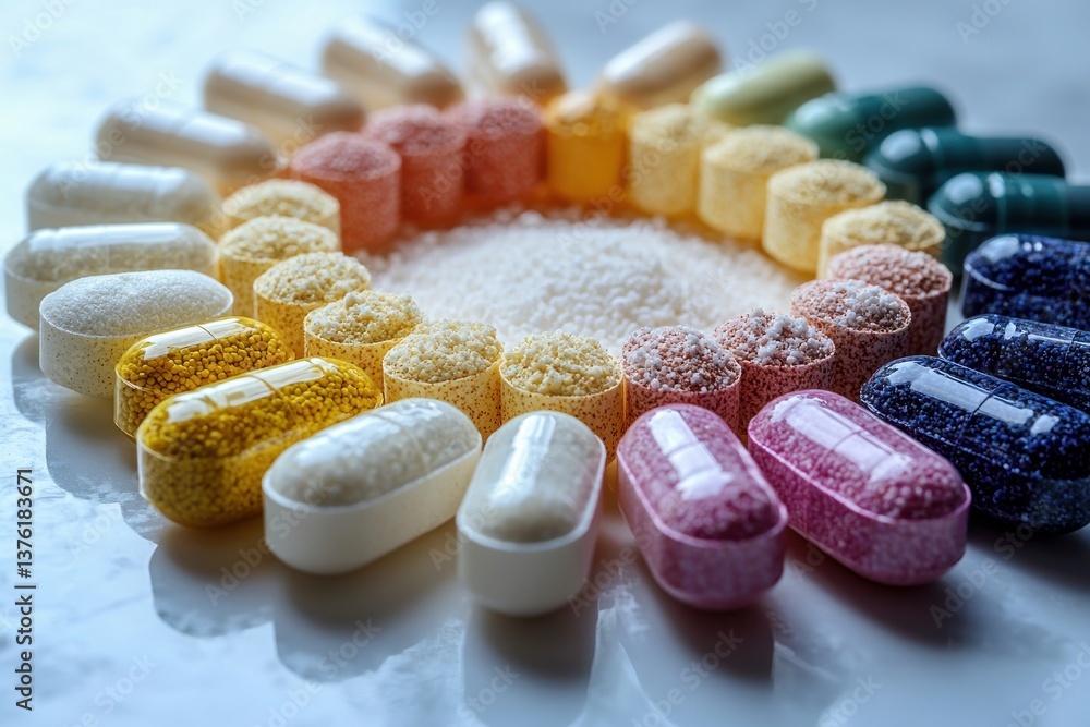 Poster variety of colorful capsules and granules arranged in a circular pattern on a surface in soft light