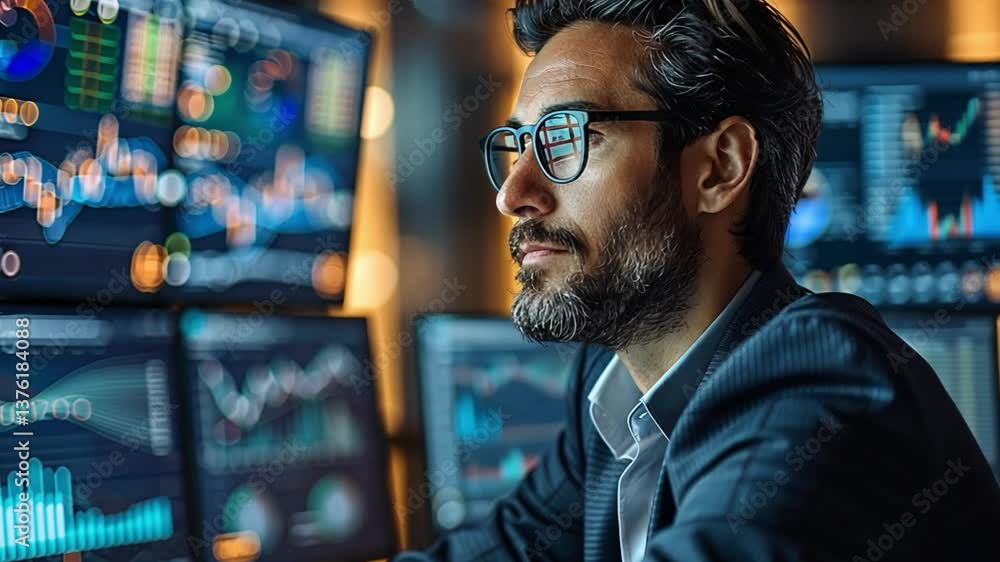 Poster data analytics professional interprets business metrics in a modern dashboard environment