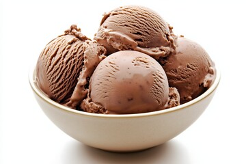 Close-up of a bowl of chocolate ice cream isolated on a white background