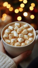 Warm Drink Topped With Marshmallows During the Holiday Season by a Decorated Tree