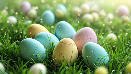 Fototapeta premium Pastel Easter eggs nestled in vibrant green grass, sparkling with festive joy and springtime magic, bathed in soft sunlight.
