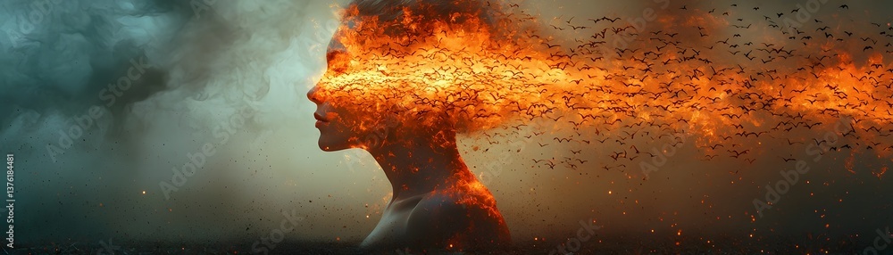 Poster conceptual portrait of a face dissolving into a flock of birds