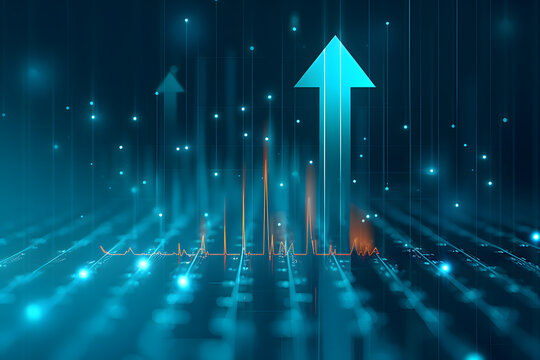 Digital technology of glowing arrows up diagonally in blue neon light. AI generated image