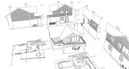 house architectural project sketch 3d illustration	
