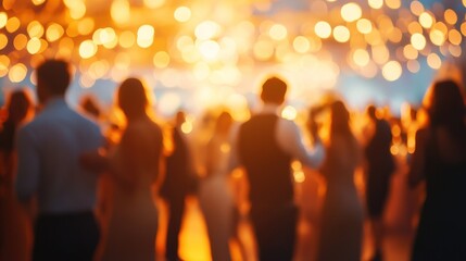 Blurred view of partygoers dancing in a crowded event hall with warm, golden lights.