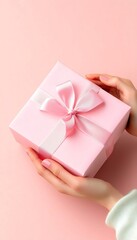 Pink gift box with hands, and pastel background.