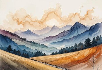Two different abstract paintings, one with a watercolor landscape texture and the other with a sea scenery in oil painting style.