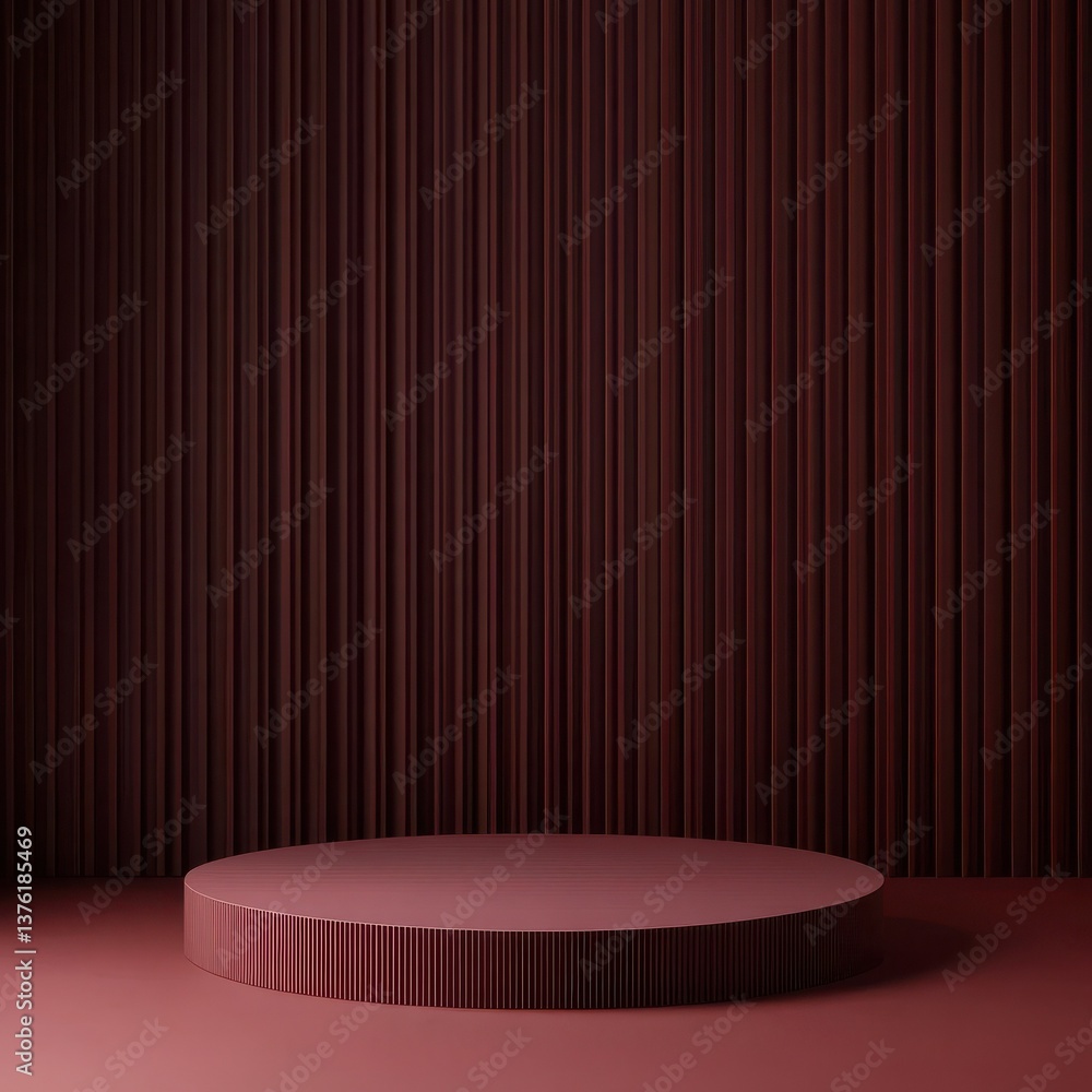 Poster red background, empty product display podium on red floor with dark maroon background. simple and cl