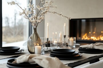 Elegant Dining Setup With Candles and Floral Arrangement Near Modern Fireplace