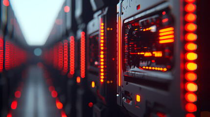 A futuristic server room with rows of illuminated equipment, featuring vibrant red lights and a sleek, modern design.