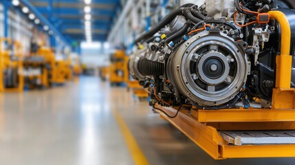 Fototapeta premium A detailed view of an industrial engine on a production line, showcasing advanced technology and manufacturing processes in a spacious facility.