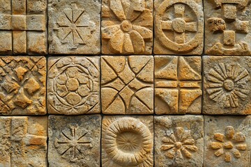 Carved square stone blocks displaying various floral and geometric designs