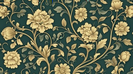 Vintage ornate floral wallpaper with gold on dark green, intricate design, embossed. illustration