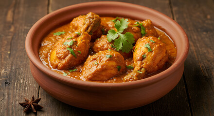 Chicken Curry in Clay Pot with Spices on Wooden Table