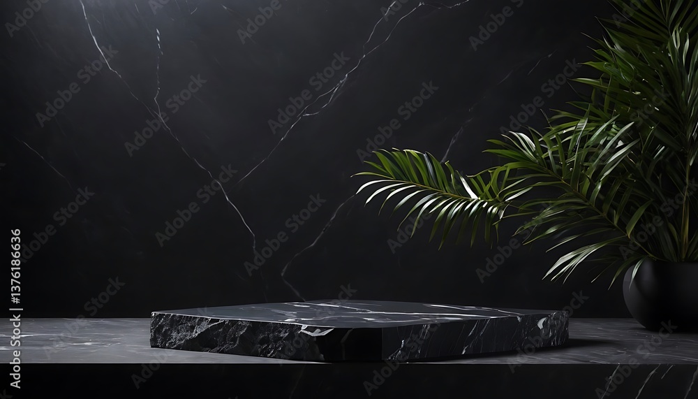 Aufkleber black podium abstract tree backdrop display on nature 3d background with empty presentation product 
