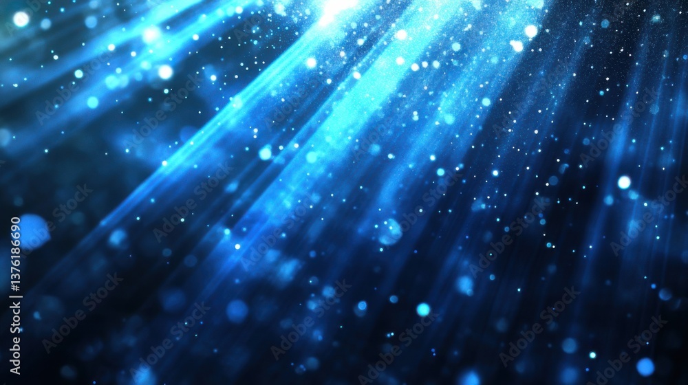 Poster bright blue light rays shining through a dark background creating a shimmering effect