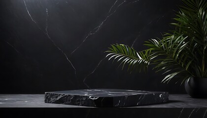 Black podium abstract tree backdrop display on nature 3d background with empty presentation product stage stand or blank natural luxury dark pedestal cosmetic showcase concept.advertisement,23 