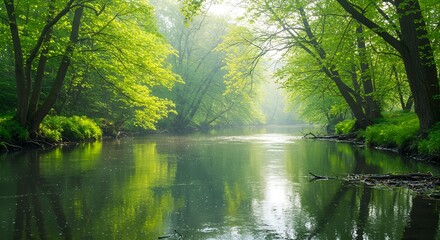 Fototapeta premium A peaceful river reflecting the lush green foliage of spring trees, with sunlight sparkling on the water’s surface and creating a dreamy glow.