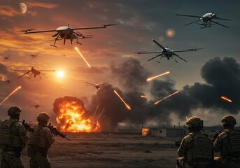 Drone Warfare Scene with Soldiers Fighting Amidst Explosions and Sunset Sky