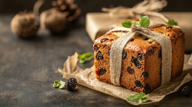 Freshly baked fruitcake wrapped for gifting. 