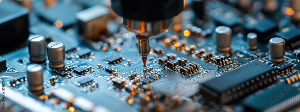 Poster close-up of a precision tool applying solder on a circuit board in a workshop during the day