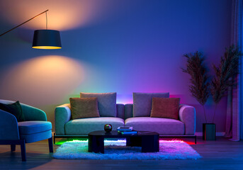 a modern living room with ambient LED lighting and comfortable furniture. 3D render