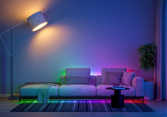 a modern living room with ambient LED lighting and comfortable furniture. 3D render