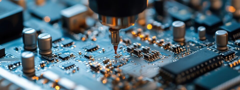 Close-up of a precision tool applying solder on a circuit board in a workshop during the day