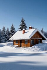 snowy cabin with a chimney and a chimney on a hill
