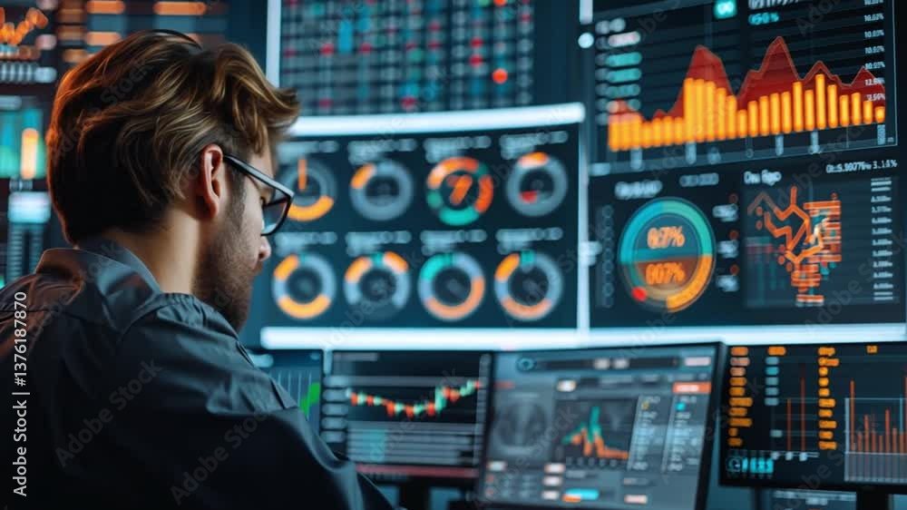 Poster data analyst evaluates complex metrics and trends using advanced visualization techniques in a moder