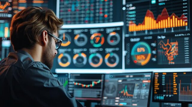 Data analyst evaluates complex metrics and trends using advanced visualization techniques in a modern workspace
