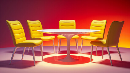 Fototapeta premium A vibrant yellow dining set bathed in warm light, perfect for stylish gatherings and memorable meals, featuring sleek, modern chairs and a smooth, round table.