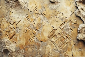Fototapeta premium Carved abstract shapes on an old textured weathered stone surface