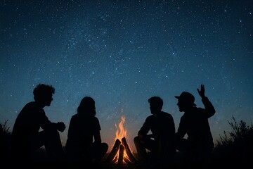 Silhouette of friends around a campfire under a starry night sky
