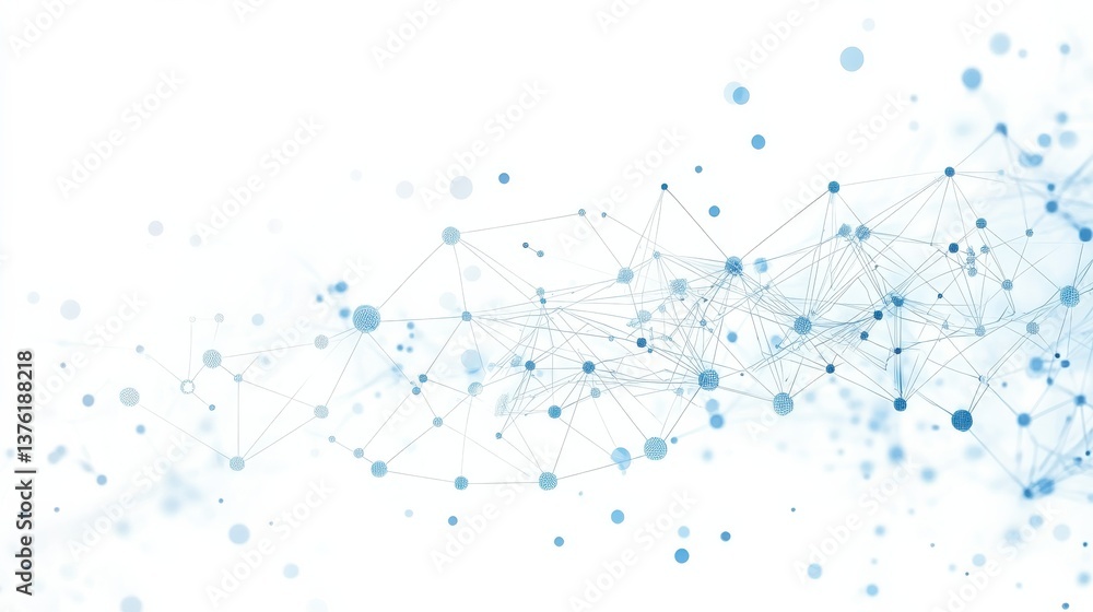Poster a white background with dots and lines depicting a blue network. an abstract network technology back