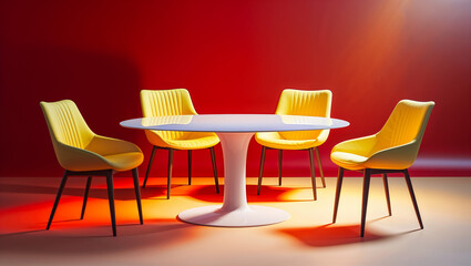 Vibrant yellow chairs gathered around a sleek white table, bathed in warm, dramatic lighting, creating a modern and inviting dining space.