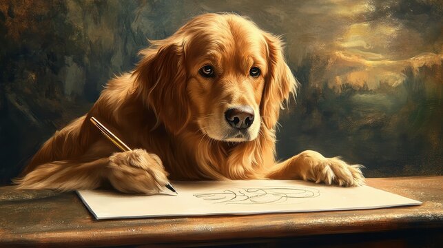A golden retriever appears to draw on paper with a pen, showcasing a playful and creative scene. illustration
