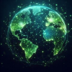 Fototapeta premium Abstract tech Earth Day wallpaper: Network of glowing green and blue lines forming a stylized map of the world on a dark, textured background, representing global connection and environmental data