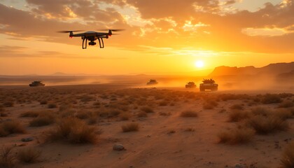 Drone Flying Over Military Vehicles in Desert at Sunset with Orange Sky
