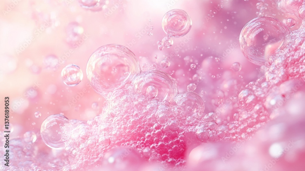 Poster a playful blend of pink bubbles and spheres in a refreshing water setting, creating a colorful and b
