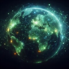 Obraz premium Abstract tech Earth Day wallpaper: Network of glowing green and blue lines forming a stylized map of the world on a dark, textured background, representing global connection and environmental data