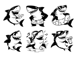 Cartoon shark set. Sharks are depicted in various fun scenarios : eating pizza, wearing swim trunks, relaxing with sunglasses and a float, dancing with headphones, and enjoying a refreshing drink