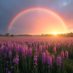 Scenic Sunrise Over Blooming Phacelia Field with Rainbow, Capturing Rural Tranquility