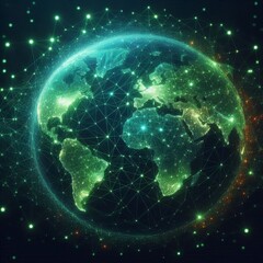 Fototapeta premium Abstract tech Earth Day wallpaper: Network of glowing green and blue lines forming a stylized map of the world on a dark, textured background, representing global connection and environmental data