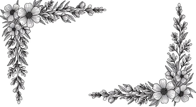 Elegant Floral Corner Design Black and White Botanical Illustration